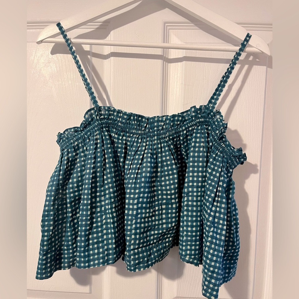 Apiece Apart Sanna green & white gingham seersucker cami flounce crop top, Small - Picture 1 of 8